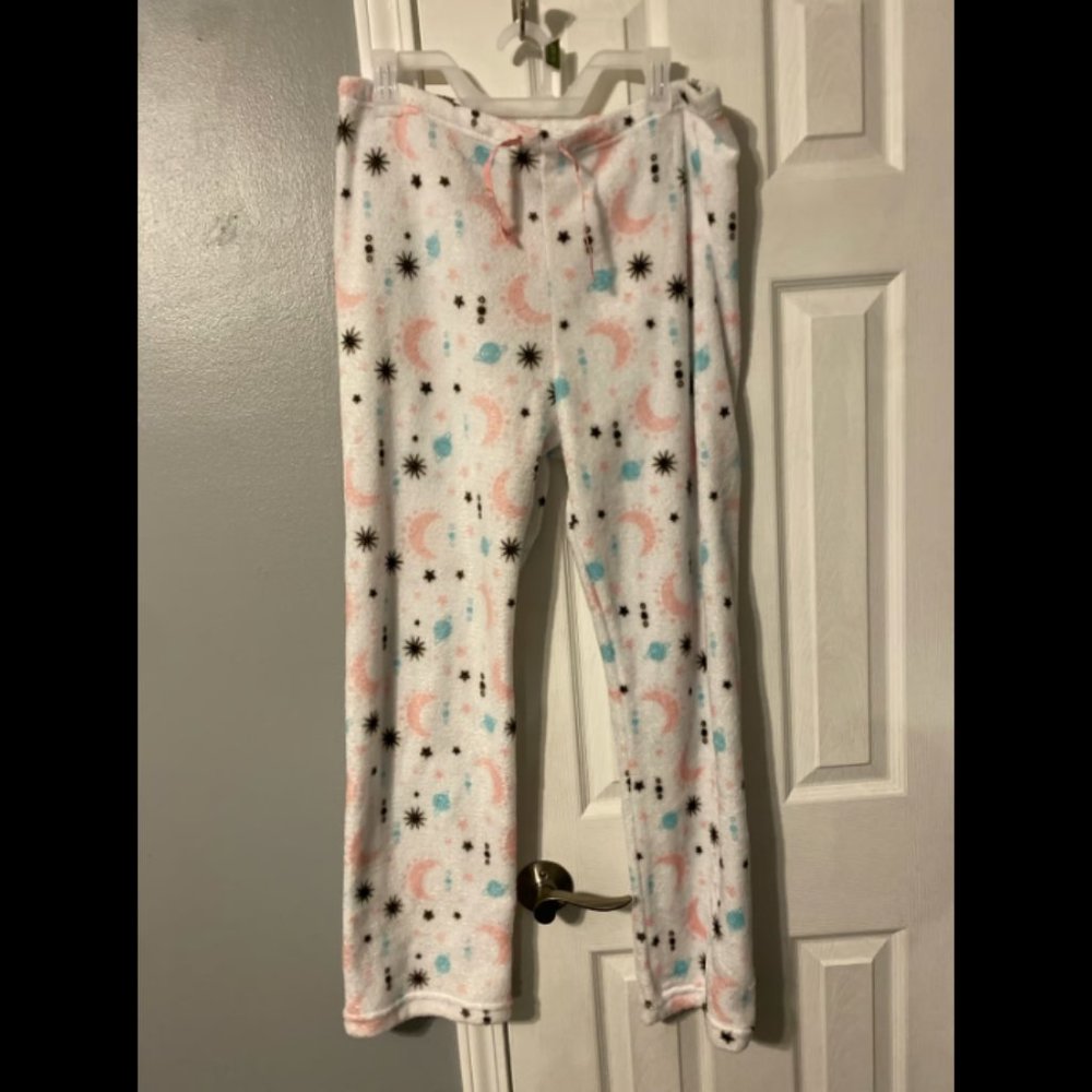 White Moon and Star Drawstring Fuzzy Pajama Pants